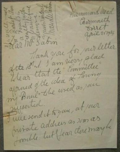 Letter from Maud Watson donating gift of tophy